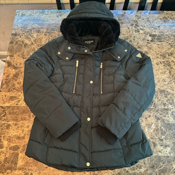 Guess Hooded Puffer Down Jacket Black with Gold Detail Faux Fur​ - Picture 12 of 12